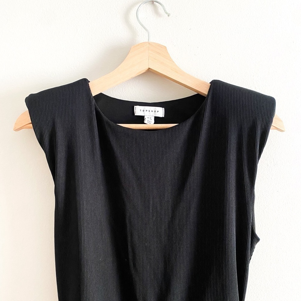 Topshop | Ruched Shoulder Pad Black Sleeveless Dress | Size 8 - Picture 5 of 11